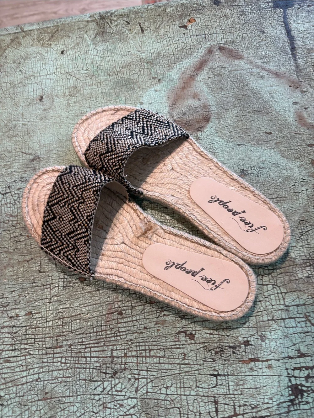 Free People Woven Espadrille Slide Sandals Black Natural Size 37 Made in Spain